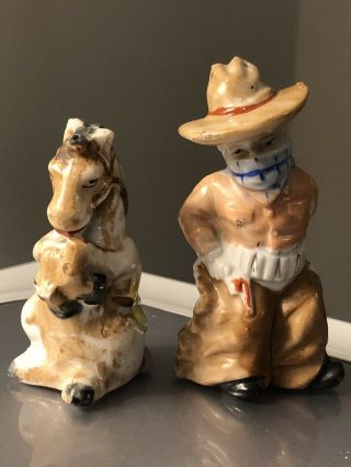 Vintage Cowboy And His Horse Salt And Pepper Shaker Gold Accents Mij