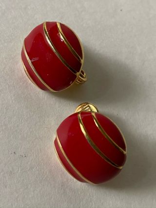Monet Vintage Red Button Clip - On Earrings With Gold Accent Lines