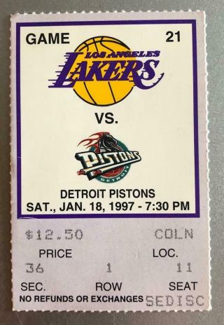 Grant Hill Triple Double 1997 Lakers Vs Pistons Ticket Kobe Bryant Rookie 21 Pts