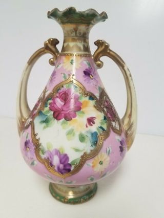 Antique Royal Kinran Nippon Vase,  Floral With Gold Accents,  Pedestal And Handles