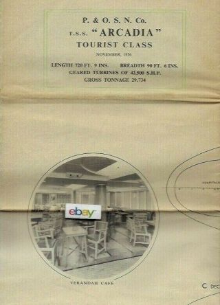 P & O Orient Lines Deck Plans & Brochure S.  S.  Arcadia Tourist Class 11/1956