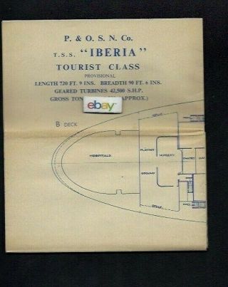 P & O S.  N.  Co Orient Lines Deck Plans & Brochure Tss Iberi Tourist Class 1960