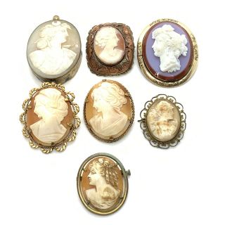 Antique Victorian Gilt Metal Carved Cameo Brooches Joblot 94