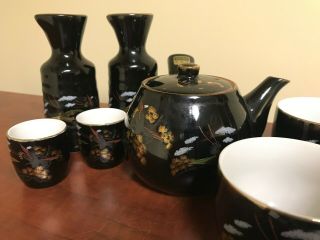 Vintage Japanese Sake Tea Set Black Gold Gilded Cups