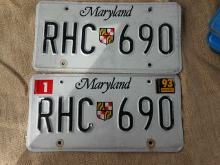Set Of 2 - 1993 Maryland License Plate Rhc 690 Man Cave