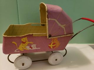 Vtg Wyandotte Tin Metal Baby Doll Buggy Carriage Stroller Dog Cat Duck Graphics