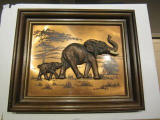 Vintage Signed John Louw 3d Framed Copper Art Elephants From 1974