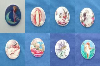8 Vintage Cameos.  Assorted.  On White Base.  40mm Long,  30mm Wide,  5mm Deep.  N.  O.  S