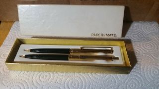 Vintage Box Set Of Black And Gold Double Heart Paper Mate Pen/mechanical Pencil