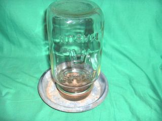 640 - Vintage Tin Chicken Feeder,  Waterer With Large Glass Atlas Jar