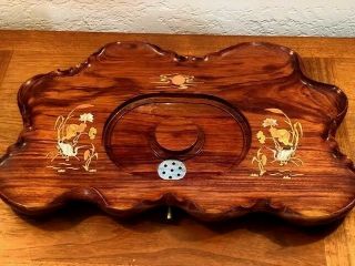 Large Japanese Ikebana Carved Wooden Water Feature Tray With Mixed Metal Inlay