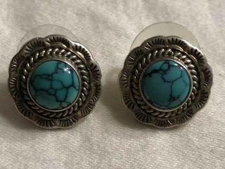 Vintage J.  Begay Signed Turquoise Sterling Silver Pierced Earrings
