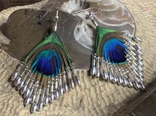 Peacock Feather Silver Beaded Earrings Vintage From The 90 