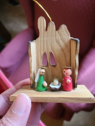 Vintage Christmas Ornament Small Wood Nativity With The Holy Family 2 "