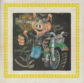 Vintage Harley - Davidson " Cool Dude Hog " Carnival Prize 6x6 Glass Picture