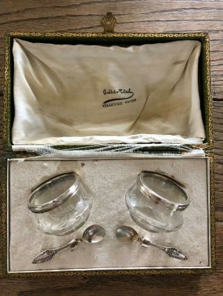 Antique Pair French Silver Rimmed,  Cut Glass Salts & Spoons Guitet - Tetrel Boxed