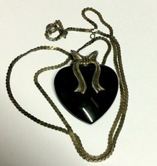 Vintage Black Onyx Heart Pendant Sterling Silver Bow 20 " Chain Necklace