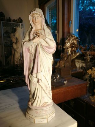 Big Antique Porcelain Bisque Madonna Virgin Mary Sacred Heart Standing Statue