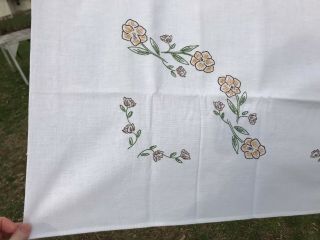 Vtg Embroidered Tablecloth Yellow Brown Floral Cotton Handmade 42 " X 48 "