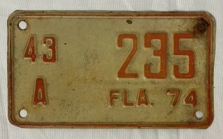 Vintage 1974 Florida Motorcycle License Plate 43 235 A Fla.  74 (amn)