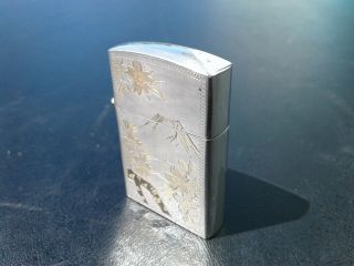 Vintage Sterling Silver Cigarette Lighter Engraved Japanese Mt Fuji Scene Japan