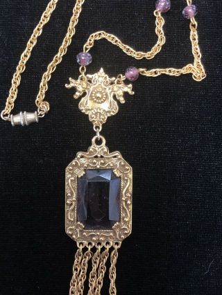 Vintage Goldette Faceted Amethyst Dangle Tassel Pendant Necklace