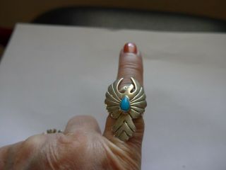 Vintage Native America Ss Phoenix Bird Ring With Turquoise - Size 9.  5 - 1 - 1/2 "