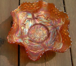 Antique Fenton Lions Carnival Glass Ruffled Bowl Berry Leaf Circle Exterior