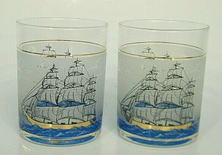 2 Vintage Mcm Culver Blue Gold Clipper Ship 12oz Old Fashioned Cocktail Glasses