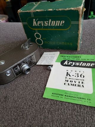 Vintage Keystone 8 - Mill.  Movie Camera Model K - 36 &box &instruction Book