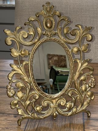 Antique Art Nouveau Picture Frame W/ Mirror Bronze Brass 12x8” Standing Frame Vg