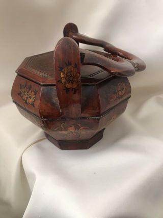 Antique Chinese Hand Made Wooden Wedding Rice Box Basket With Painted Detail