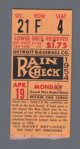 April 19,  1954 Chicago White Sox Vs Detroit Tigers Ticket Stub