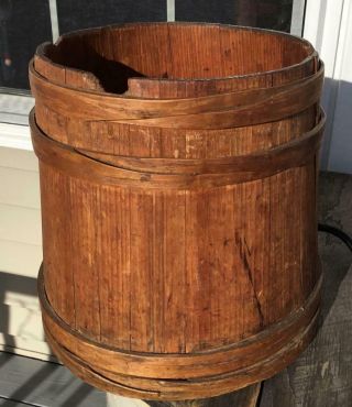 Antique Shaker? Wood Firkin Sugar Bucket 11.  5 " H 4 Finger Lapped Bands Farm House