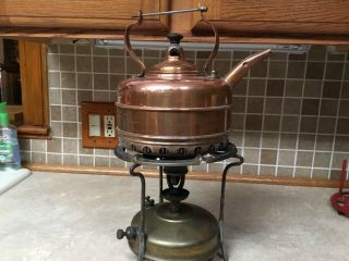 Antique Copper And Brass Tea Pot Kettle With Stand & Burner Optimus 45 Sweden
