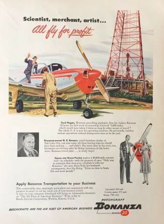 Vintage 1947 Beechcraft Bonanza Model 35 Full - Page Color Print Ad
