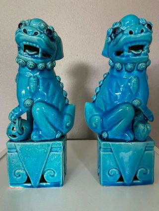 Chinese Ceramic Porcelain Blue Foo Fu Dog Lion Pair At Least 75 Yrs Old