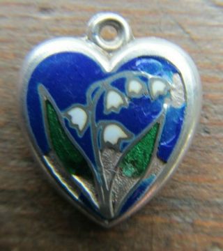 Antique Victorian Sterling Silver Enamel Puffy Heart Charm Lily Of The Valley