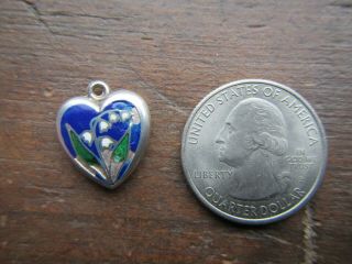 ANTIQUE VICTORIAN STERLING SILVER ENAMEL Puffy Heart Charm Lily of the Valley 2