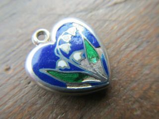 ANTIQUE VICTORIAN STERLING SILVER ENAMEL Puffy Heart Charm Lily of the Valley 3