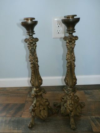 Pair Vintage Antique Gothic Ornate Brass Church Altar Candlesticks Candle Holder