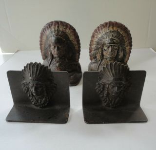 2 Pairs 4 Vtg Antique Cast Iron Native American Indian Chief Headdress Book Ends