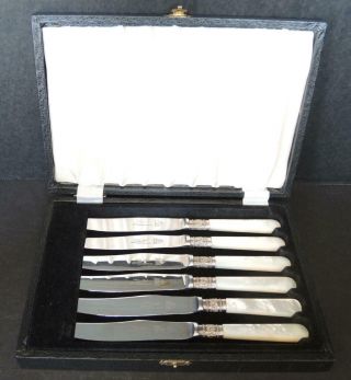 6 Vintage Mother Of Pearl Steak Knives Sterling Ferrules Stainless Blades W/case