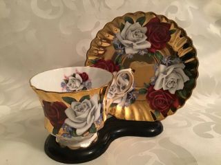 Gorgeous Gold Queen Anne Cup & Saucer Large Red & White Cabbage Roses