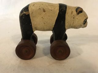 Vintage Wooden Panda Bear Pull Toy On Wheels