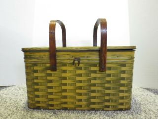 Vintage Metal Tin Picnic Basket Brown - Wood Handles 16 " X 9 "