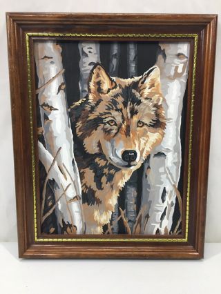 Vintage Wolf Paint By Number Pbn Framed Art Picture Wooden Frame Birch Trees