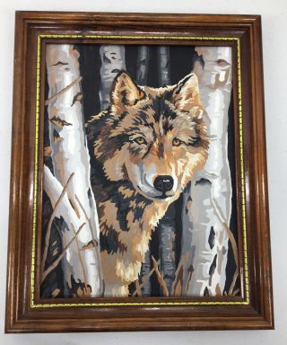 Vintage Wolf Paint By Number PBN Framed Art Picture Wooden Frame Birch Trees 2