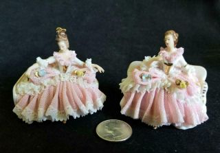 2 Vintage Dresden Miniature Seated Ladies On Settee Pair Pink Lace Figurine