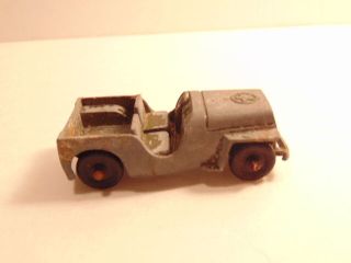 Vintage Small Tootsie Toy White Metal Army Jeep With Plastic Wheels; Paint Loss